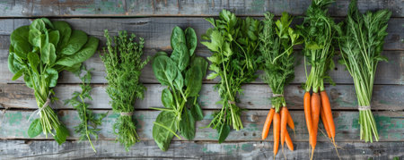 Freshly harvested carrots, spinach, and herbs displayed on aged wooden planks. The deep greens of the vegetables enhance the rustic feel of the setting.の素材