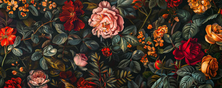 A detailed artwork of a luxurious floral background, featuring elegant flowers and leaves in a rich, vibrant palette, exuding richness and elegance.の素材