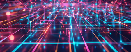 Modern technology illustration featuring a square grid pattern, lines connecting various points, and glowing dots, symbolizing digital networks.の素材