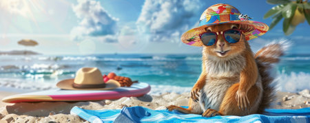 A relaxed squirrel sitting on a beach towel, wearing a colorful sun hat and sunglasses, with a surfboard and the ocean nearby.の素材