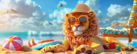 A laid-back lion relaxing on a sandy beach, with a stylish sun hat and sunglasses, next to a surfboard and beach toys.の素材