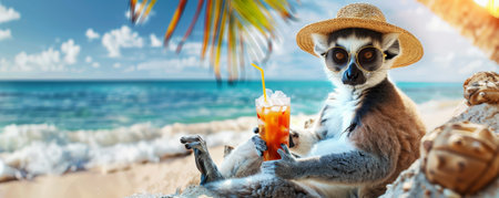A happy lemur sitting on the beach, donning a straw hat and sunglasses, with a tropical drink and ocean waves nearby.の素材