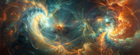 Abstract depiction of the creation of the world, with swirling cosmic elements and a central figure symbolizing God, radiating light and power.の素材