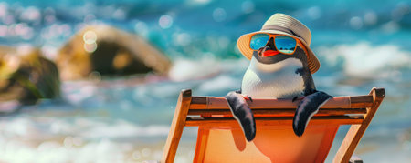 A cool penguin sitting on a beach chair, wearing a sun hat and reflective sunglasses, enjoying the warm weather by the sea.の素材