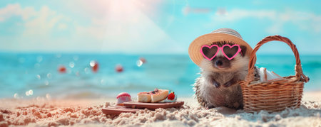 A cute hedgehog sitting on the beach, wearing a sun hat and heart-shaped sunglasses, with a small picnic setup beside it.の素材