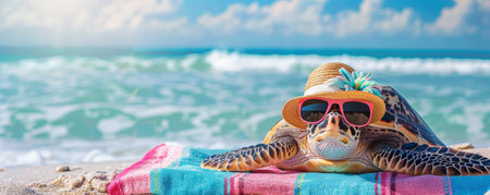 A chilled-out turtle lying on its back on a beach towel, sporting a beach hat and sunglasses, with a view of the ocean waves in the background.の素材