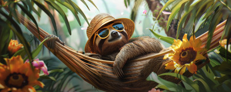 A serene sloth lounging on a hammock, wearing a sun hat and cool sunglasses, surrounded by palm trees and tropical flowers.の素材