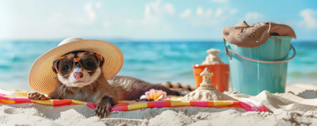 A contented ferret laying on a beach blanket, with a sun hat and oversized sunglasses, next to a sandcastle and a bucket.の素材