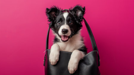 A cheerful Border Collie puppy peeks out of a stylish leather tote bag against a vibrant magenta background, its eyes sparkling with happiness.の素材