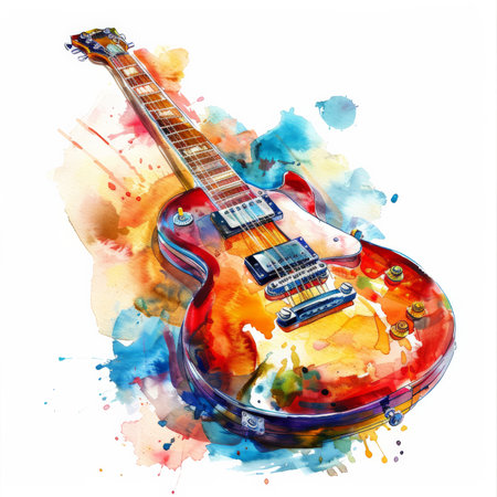 A colorful watercolor illustration of an electric guitar, showing a bold and dynamic mix of colors, isolated on white background.の素材