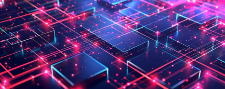 A sleek modern technology illustration featuring a square grid, interconnected lines, and glowing dots, symbolizing the complexity and connectivity of contemporary tech.の素材