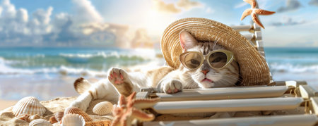A playful cat lounging on a beach chair, wearing a straw sun hat and stylish sunglasses, surrounded by seashells and beach toys, enjoying a sunny day.の素材