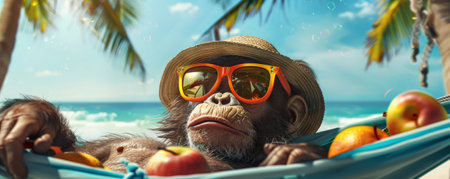 A cheerful monkey laying in a hammock, wearing a sun hat and funky sunglasses, with tropical fruits and a beach view.の素材
