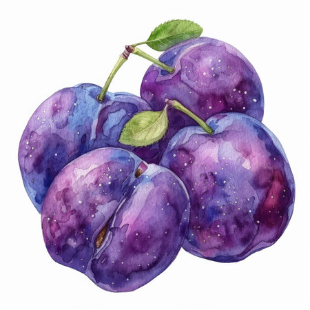 A watercolor illustration of a group of fresh plums, each with a detailed texture and rich purple color, isolated on white background.の素材