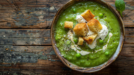 A rustic bowl filled with vibrant green pea puree soup, topped with a swirl of cream and sprinkled with croutons, on a wooden table.の素材