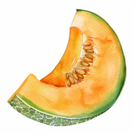A watercolor illustration of a slice of fresh cantaloupe, with the vibrant orange flesh and detailed seeds, isolated on white background.の素材
