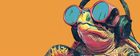 A relaxed turtle wearing large headphones, listening to reggae. Drawn in a laid-back, beachy style with a warm, tropical palette.の素材