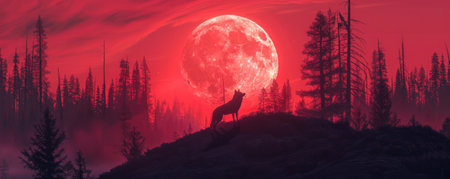 A panoramic view of a forest under the blood moon during a lunar eclipse, with a lone wolf standing on a hill. The red-tinted moonlight bathes the scene in an eerie glow.の素材