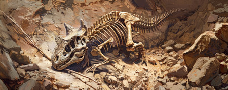 A detailed scene of a Protoceratops skeleton being excavated, with its small size and distinctive frill being carefully exposed.の素材