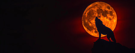 A majestic wolf howling at the blood moon during a lunar eclipse, with the moon glowing a deep red in the night sky. The silhouette of the wolf adds to the mystic atmosphere.の素材