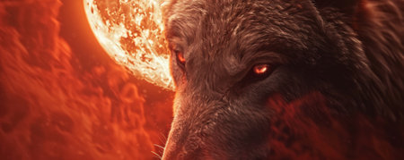 A close-up of a wolf's face, illuminated by the red light of the blood moon during a lunar eclipse. The intense gaze of the wolf adds to the mystic feel of the image.の素材