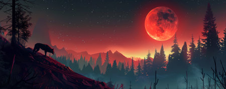A panoramic view of a forest under the blood moon during a lunar eclipse, with a lone wolf standing on a hill. The red-tinted moonlight bathes the scene in an eerie glow.の素材
