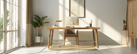 A modern office interior with a wooden desk, stylish chair, and minimalistic decor. The space is designed with a focus on simplicity and functionality, featuring clean lines and neutral colors.の素材