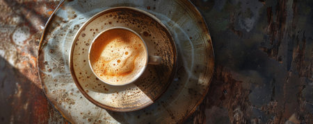 Top view of a hot coffee cup with a frothy latte, placed on a textured ceramic plate. The combination of textures and colors creates a visually appealing scene.の素材