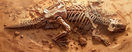 An Ankylosaurus skeleton is being uncovered, with its armored plates and club-like tail bones slowly emerging from the dirt.の素材