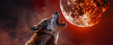 A close-up portrait of a wolf howling, with the blood moon during a lunar eclipse visible in the background. The red hues of the moon add a dramatic touch to the scene.の素材