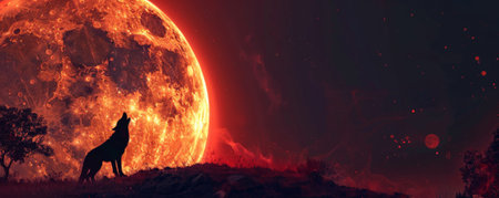 A wolf's silhouette howling at the blood moon during a lunar eclipse, with the moon's deep red color dominating the night sky. The scene is dramatic and captivating.の素材