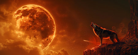 A wolf howling at the blood moon during a lunar eclipse, with the moon glowing a fiery red in the dark sky. The dramatic lighting enhances the mystical atmosphere.の素材
