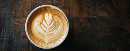 Top view of a hot coffee cup with a delicate latte art, placed on a dark wooden table. The intricate design of the latte art showcases the skill of the barista.の素材