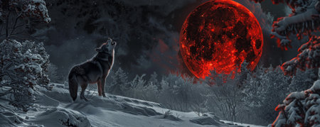 A wolf howling on a snowy landscape under the blood moon during a lunar eclipse, with the red moon casting an eerie glow on the snow-covered ground.の素材