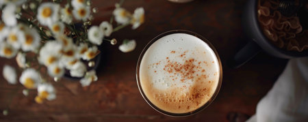 Top view of a hot coffee cup, with a perfectly crafted cappuccino topped with foamy milk. The cup is placed on a dark wooden table with a small flower vase nearby.の素材