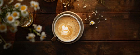 Top view of a hot coffee cup, with a perfectly crafted cappuccino topped with foamy milk. The cup is placed on a dark wooden table with a small flower vase nearby.の素材