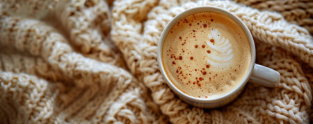 Top view of a hot coffee cup with a creamy cappuccino, placed on a cozy knitted coaster. The steam rising from the cup adds a sense of warmth and comfort.の素材
