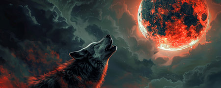 A wolf howling at the blood moon during a lunar eclipse, with the moon glowing a fiery red in the dark sky. The dramatic lighting enhances the mystical atmosphere.の素材