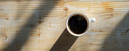 Top view of a hot coffee cup with a rich, dark brew, placed on a light wooden table. The minimalistic setting enhances the focus on the coffee.の素材