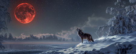 A wolf howling on a snowy landscape under the blood moon during a lunar eclipse, with the red moon casting an eerie glow on the snow-covered ground.の素材