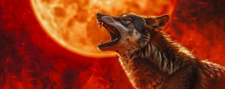 A close-up portrait of a wolf howling, with the blood moon during a lunar eclipse visible in the background. The red hues of the moon add a dramatic touch to the scene.の素材