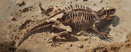 An Ankylosaurus skeleton is being uncovered, with its armored plates and club-like tail bones slowly emerging from the dirt.の素材