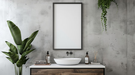 An empty poster frame in a modern bathroom, above a floating vanity with a vessel sink, and stylish black fixtures.の素材