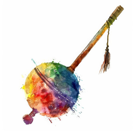 A colorful watercolor illustration of a berimbau, showcasing a range of bright and lively colors, isolated on white background.の素材