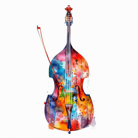 A colorful watercolor illustration of a double bass, with a harmonious blend of vibrant and detailed colors, isolated on white background.の素材