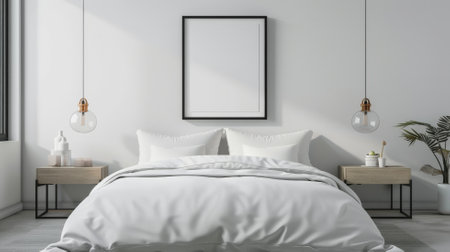 An empty poster frame in a modern bedroom, above a stylish bed with crisp white linens, flanked by sleek nightstands and pendant lights.の素材