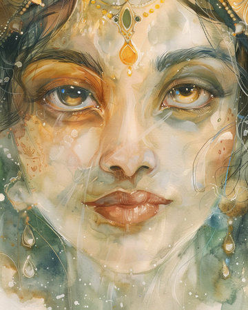 Watercolor close-up painting of Goddess Sita, with soft whites, golds, and greens, showing her serene and compassionate expression.の素材