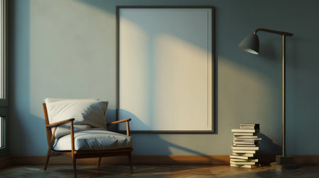 An empty poster frame in a cozy reading nook, with a comfortable armchair, a floor lamp, and a stack of books on a side table.の素材