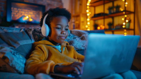 A joyful African American teen boy with headphones, watching a movie on his laptop while relaxing on a cozy couch.の素材
