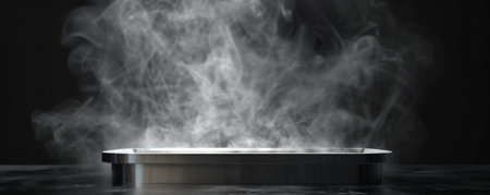 A polished aluminum podium with an empty pedestal, against a pitch-black background. Wisps of white smoke rise around the base, creating a sense of depth and drama. The metal surface gleams under focused lighting.の素材